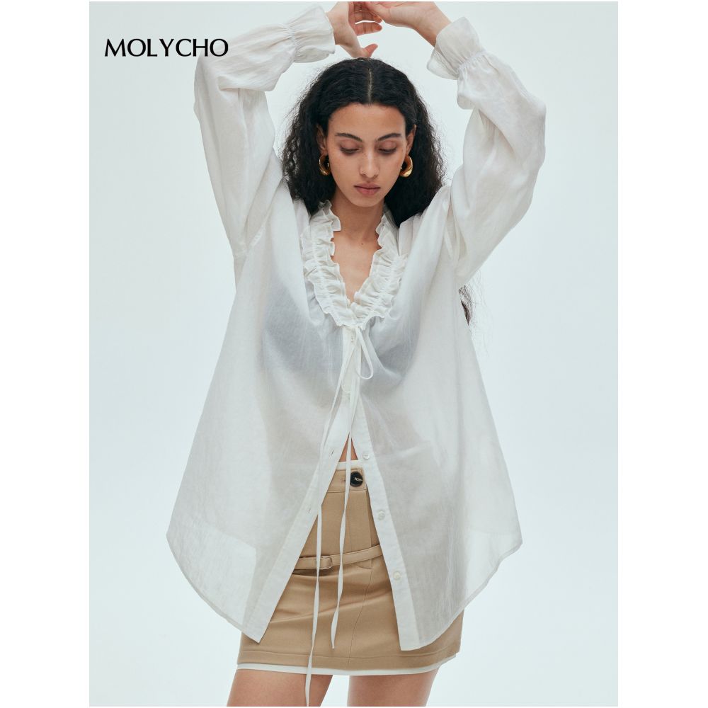 MOLYCHO Misty Sensation French Lazy Ruffle Thin Shirt for Women Relaxed Micro Transparent Sunscreen Shirt image 19