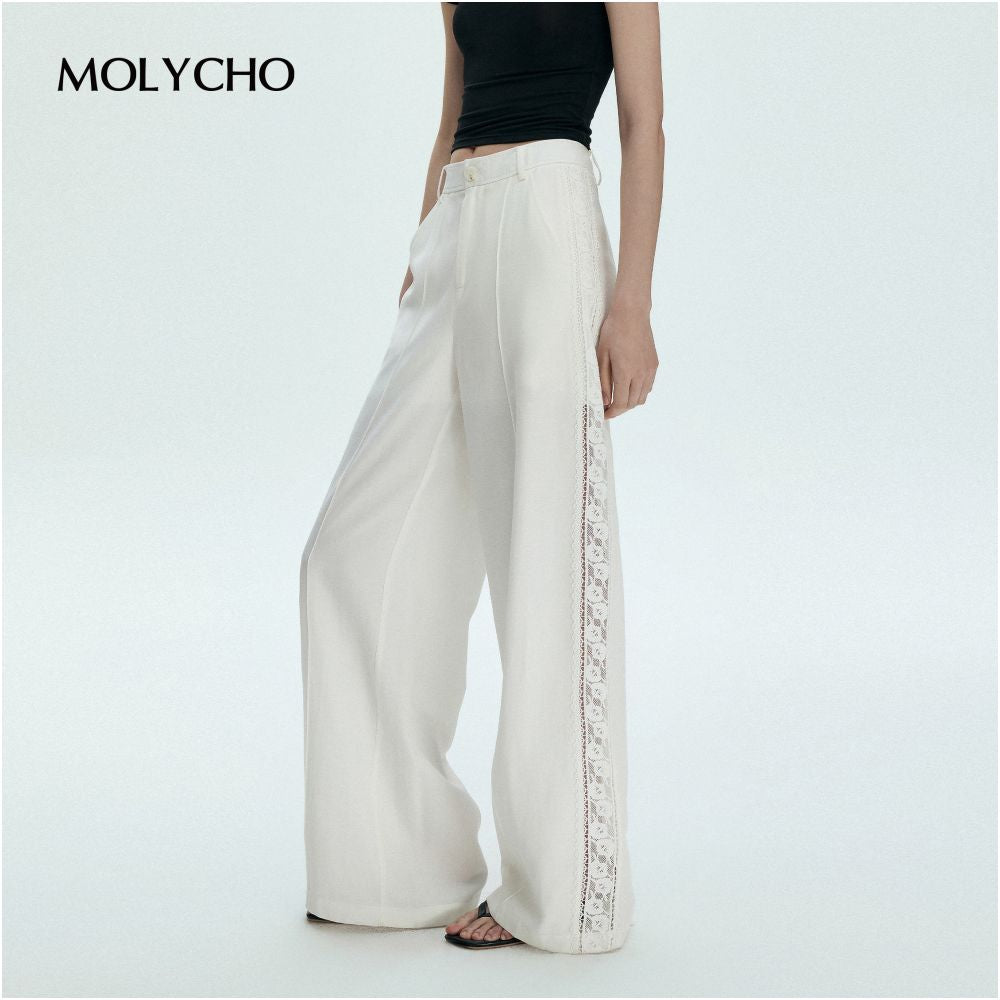 MOLYCHO French lace hollow high waisted wide leg pants for women s summer straight leg pants loose and slimming white pants image 9