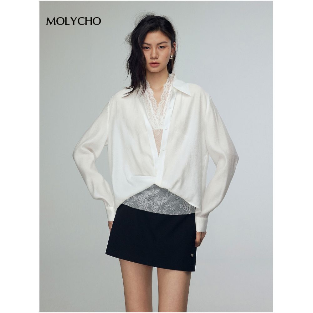 MOLYCHO French white lace shirt two piece set for women s summer sexy slightly transparent top loose shirt set image 4