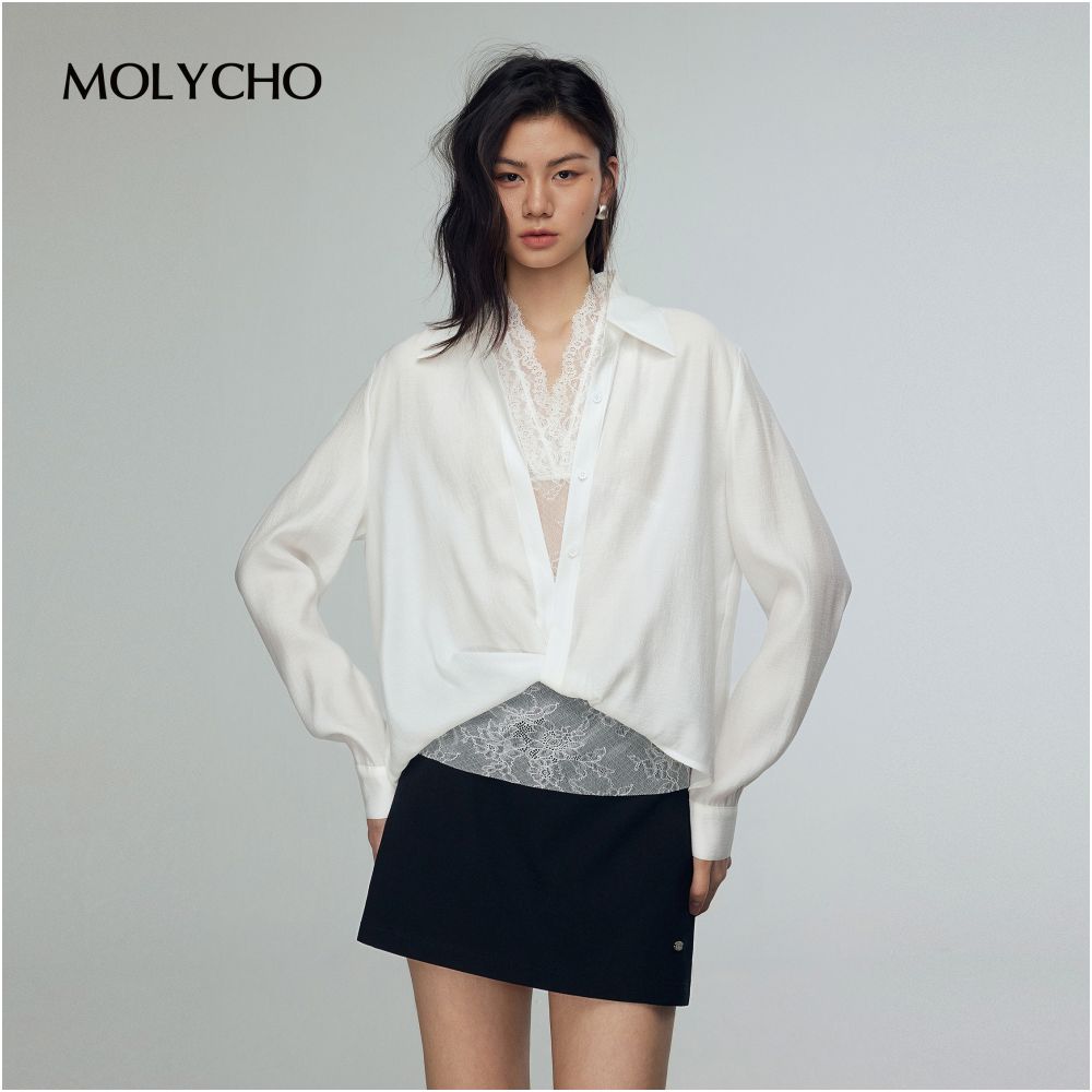 MOLYCHO French white lace shirt two piece set for women s summer sexy slightly transparent top loose shirt set image 10