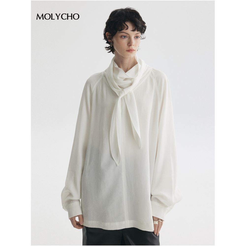 MOLYCHO Lazy Air Feel Lightweight and Fluffy Swinging Collar Ribbon Shirt Loose silhouette Shirt Top image 0