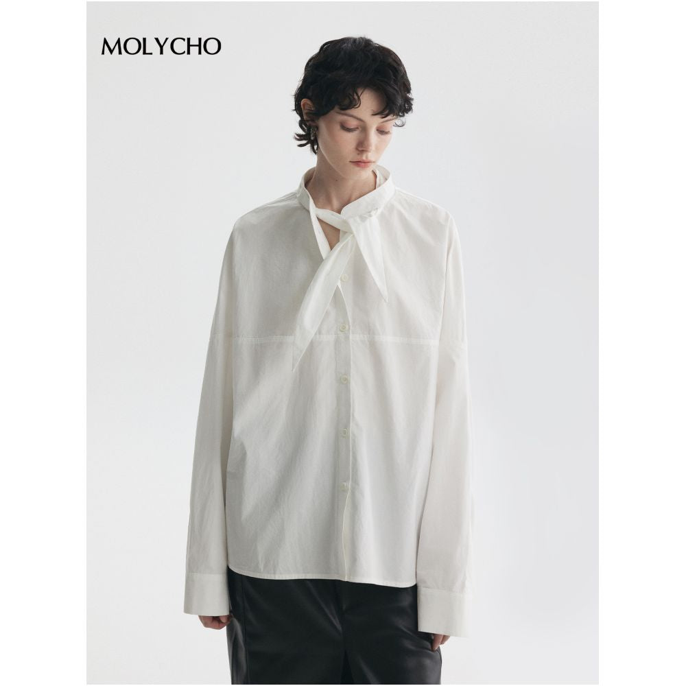 MOLYCHO Lightweight and Transparent Fashionable French White Shirt with Women s Collar Knot and Ribbon Shaped Texture Top image 0