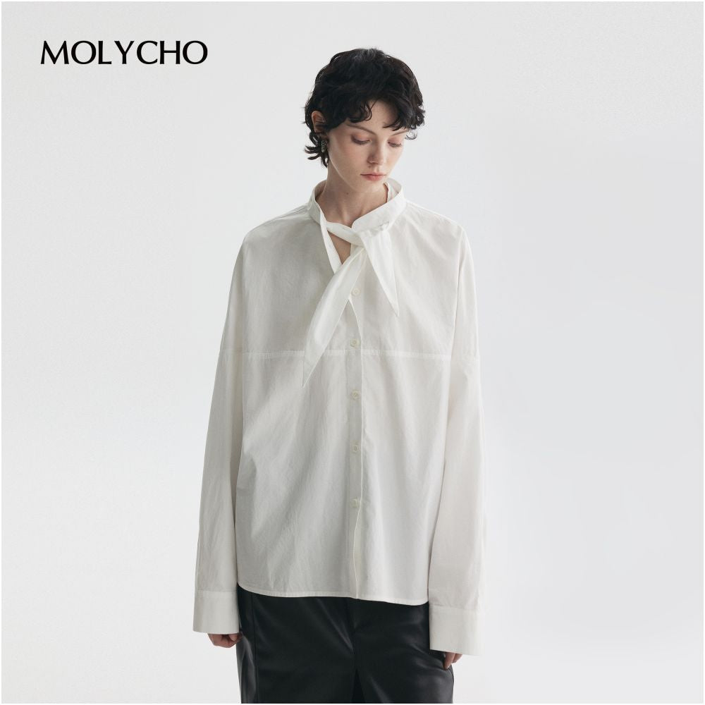 MOLYCHO Lightweight and Transparent Fashionable French White Shirt with Women s Collar Knot and Ribbon Shaped Texture Top image 15