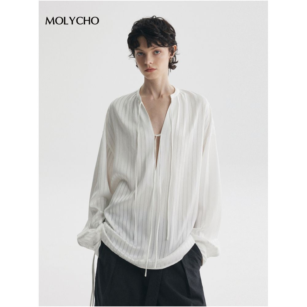 MOLYCHO Vaguely Transparent White Satin High End Shirt Women s Deep V neck Striped Shirt Tie Up Top image 8