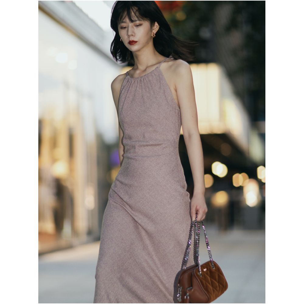 SOTHEMOS Lilac Flower Language Original Design Sense Small Fragrant Style Slant Cutting Retro Hanging Neck Dress Long image 15