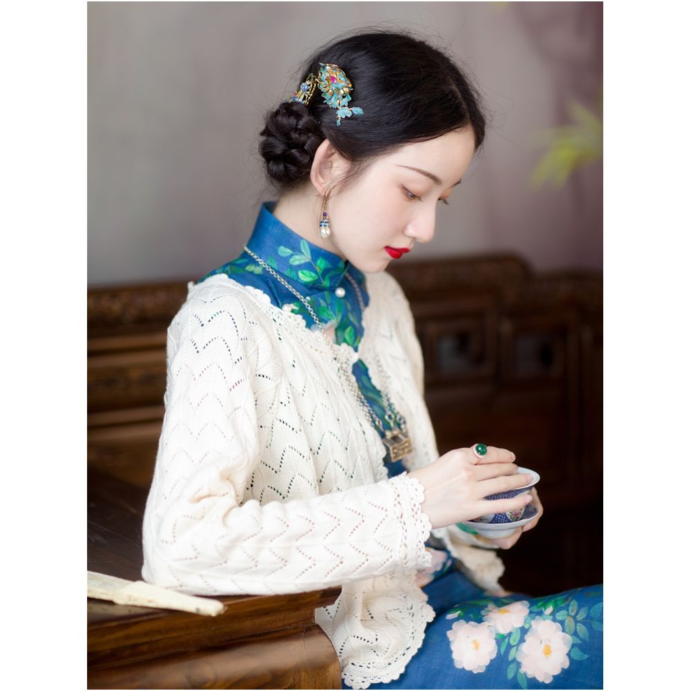 Weimanyuan Fragrance One City Wind Plush Tencel Hemp Printed Ancient French Republic Style Flat Cut One Piece Cheongsam Female Original image 2