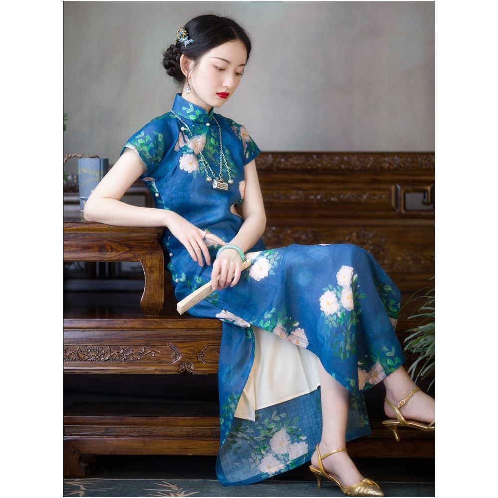Weimanyuan Fragrance One City Wind Plush Tencel Hemp Printed Ancient French Republic Style Flat Cut One Piece Cheongsam Female Original image 3