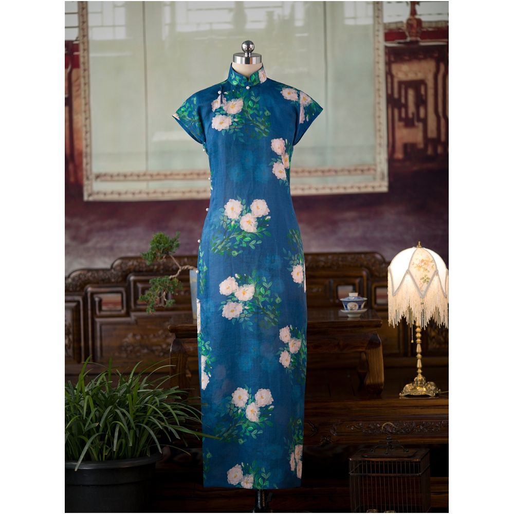 Weimanyuan Fragrance One City Wind Plush Tencel Hemp Printed Ancient French Republic Style Flat Cut One Piece Cheongsam Female Original image 4