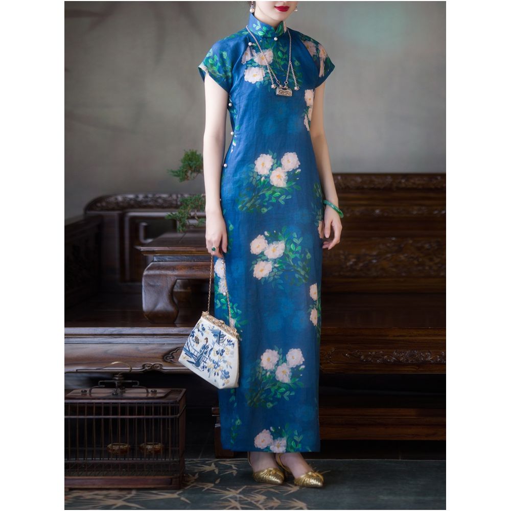 Weimanyuan Fragrance One City Wind Plush Tencel Hemp Printed Ancient French Republic Style Flat Cut One Piece Cheongsam Female Original image 5