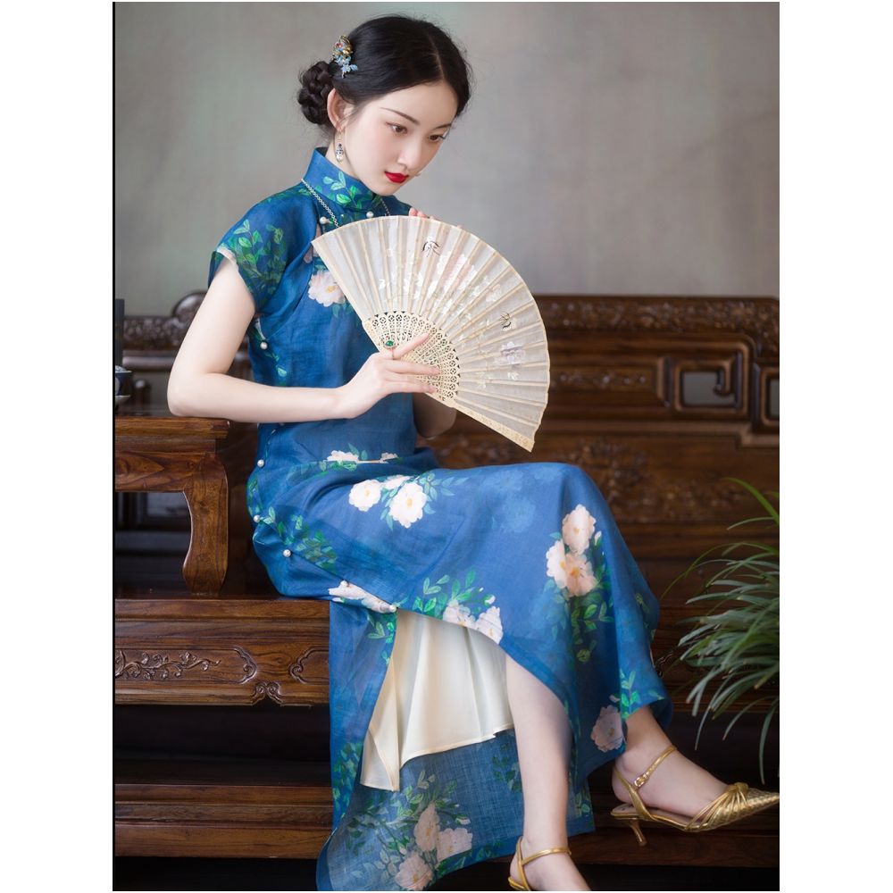 Weimanyuan Fragrance One City Wind Plush Tencel Hemp Printed Ancient French Republic Style Flat Cut One Piece Cheongsam Female Original image 12