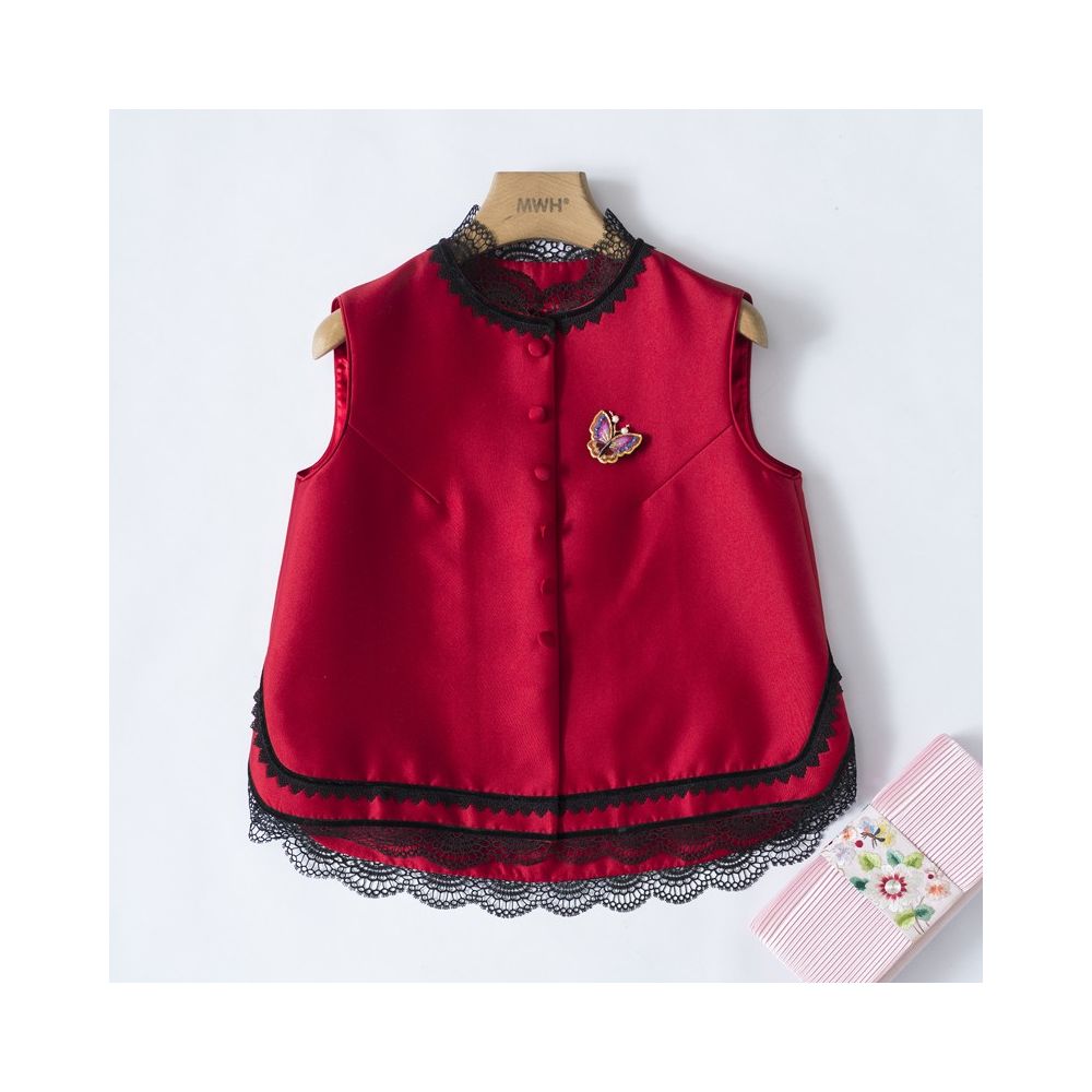 YXF0087 Xiajia retro lace silk wool vest women s loose short outer wear Tang suit top image 3