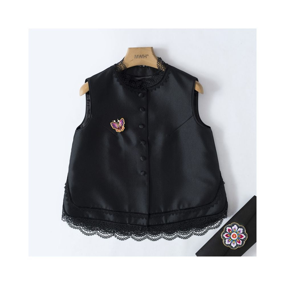 YXF0087 Xiajia retro lace silk wool vest women s loose short outer wear Tang suit top image 15