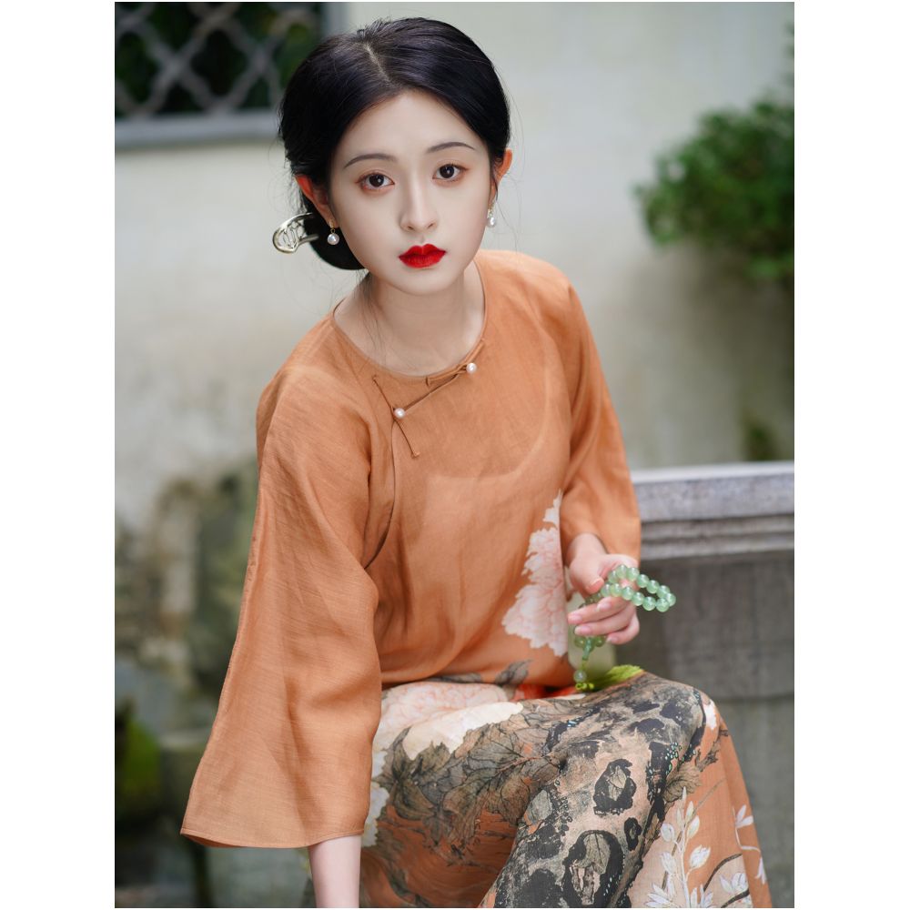 Fragrant Painting Scroll One City Style Plush Summer Republic of China Style Retro No Collar Inverted Big Sleeve Half Open Cheongsam Dress image 1