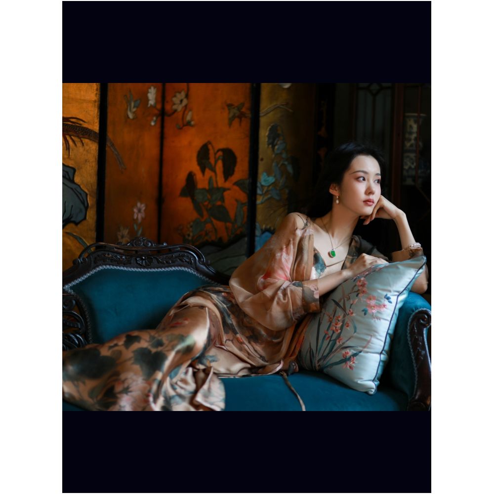 Evening Flowers Misty One City Wind Plush Silk Smooth Wrinkle Retro Printed Lightweight Loose Breathable Long Cardigan image 2