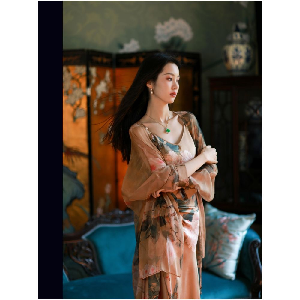 Evening Flowers Misty One City Wind Plush Silk Smooth Wrinkle Retro Printed Lightweight Loose Breathable Long Cardigan image 3