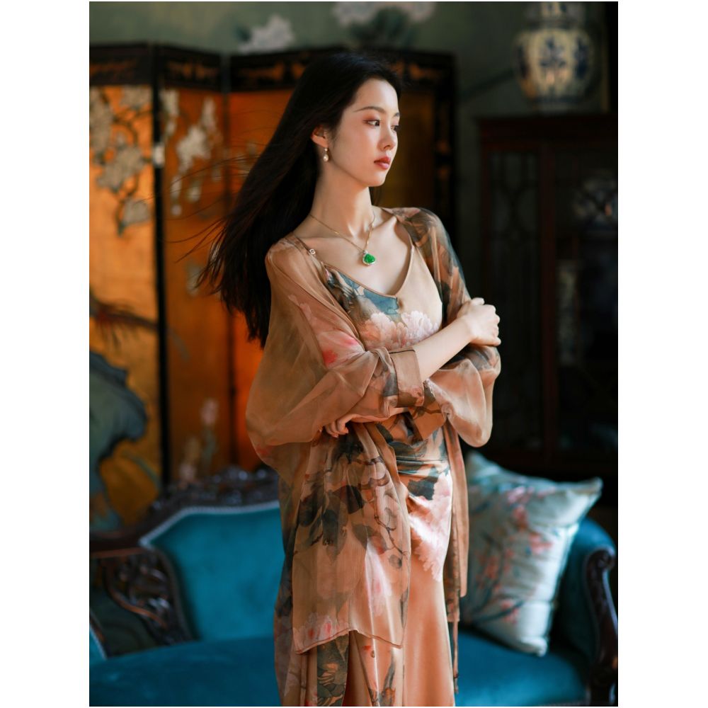 Evening Flowers Misty One City Wind Plush Silk Smooth Wrinkle Retro Printed Lightweight Loose Breathable Long Cardigan image 0