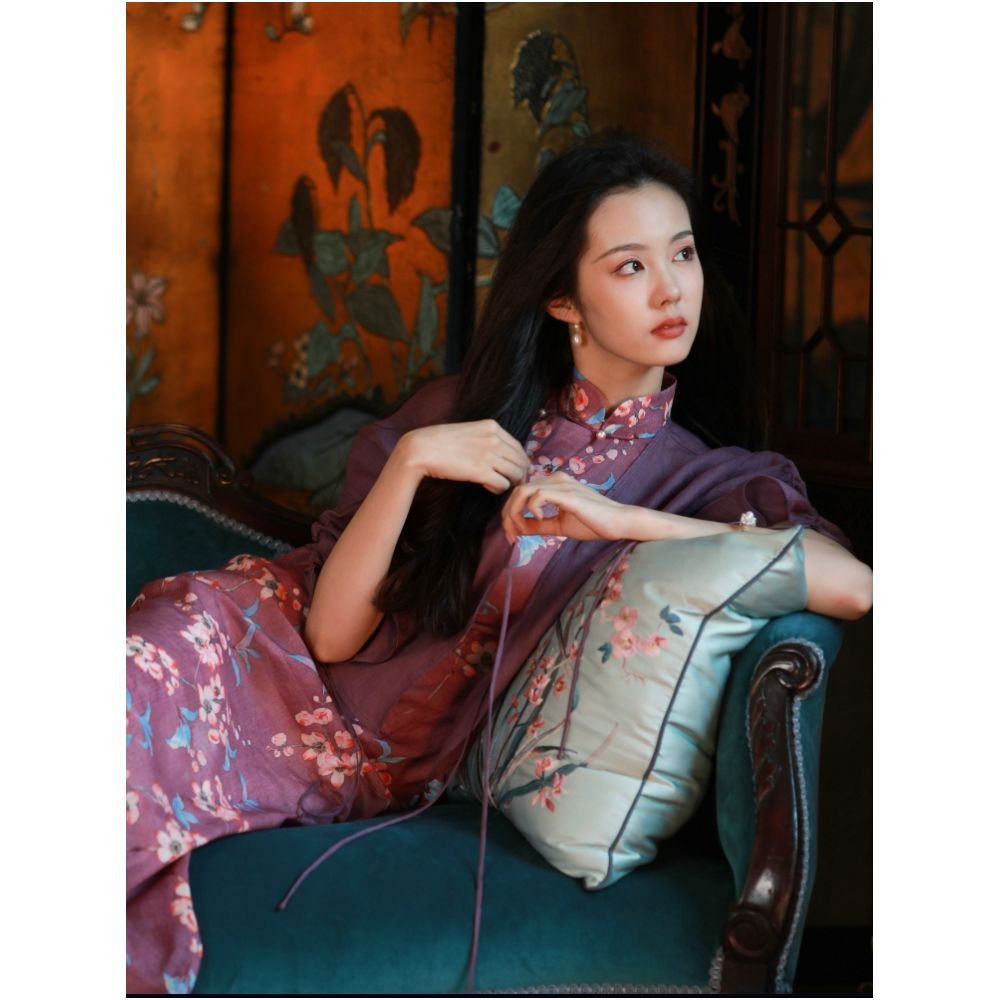 Peach Blossom Blooming One City Style Retro Republic of China Style Printed Stand up Collar Fully Open Collar Pan Button Sleeveless Cheongsam image 2