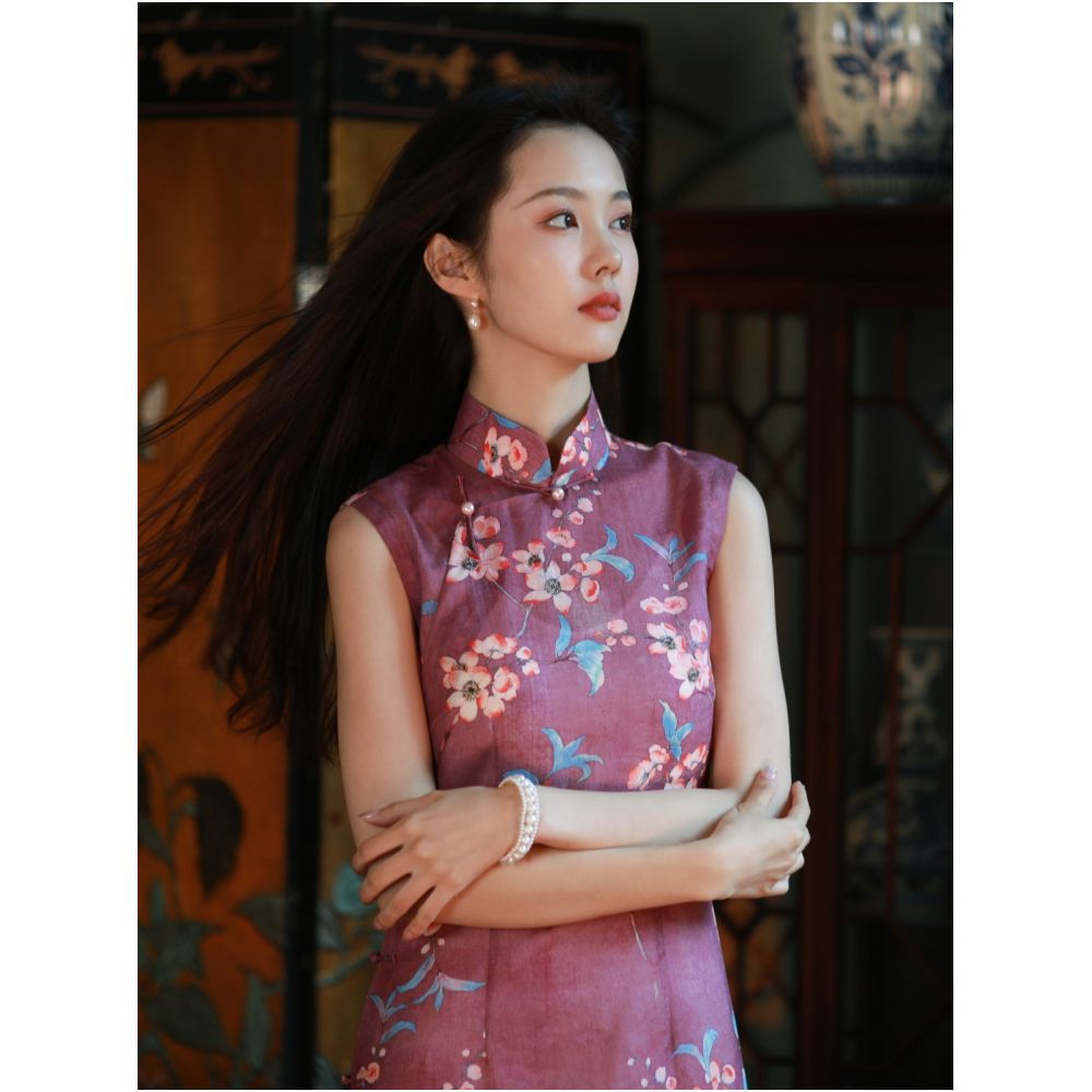 Peach Blossom Blooming One City Style Retro Republic of China Style Printed Stand up Collar Fully Open Collar Pan Button Sleeveless Cheongsam image 3