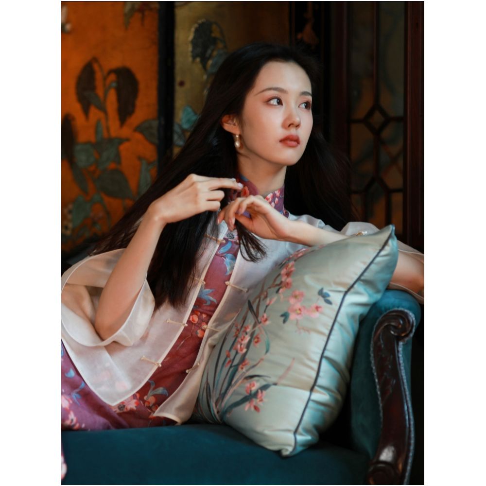 Peach Blossom Blooming One City Style Retro Republic of China Style Printed Stand up Collar Fully Open Collar Pan Button Sleeveless Cheongsam image 4