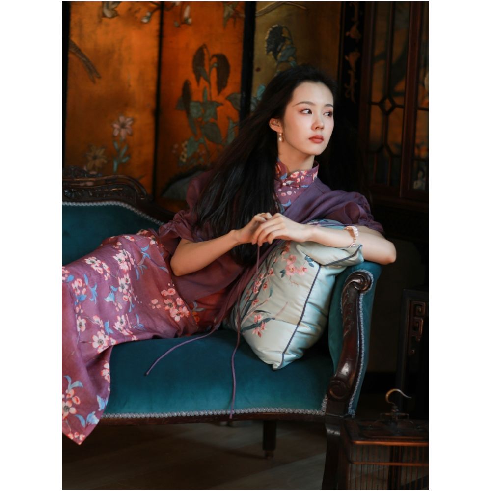 Peach Blossom Blooming One City Style Retro Republic of China Style Printed Stand up Collar Fully Open Collar Pan Button Sleeveless Cheongsam image 5