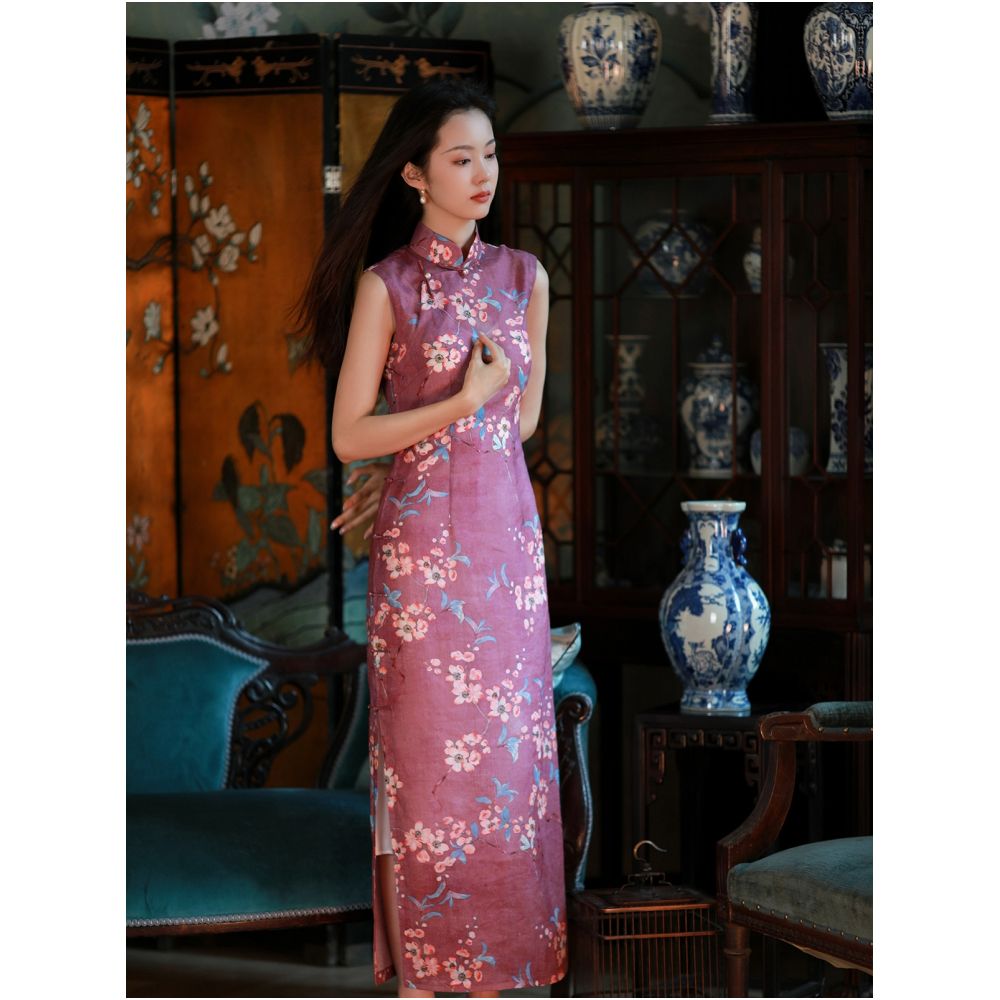 Peach Blossom Blooming One City Style Retro Republic of China Style Printed Stand up Collar Fully Open Collar Pan Button Sleeveless Cheongsam image 0