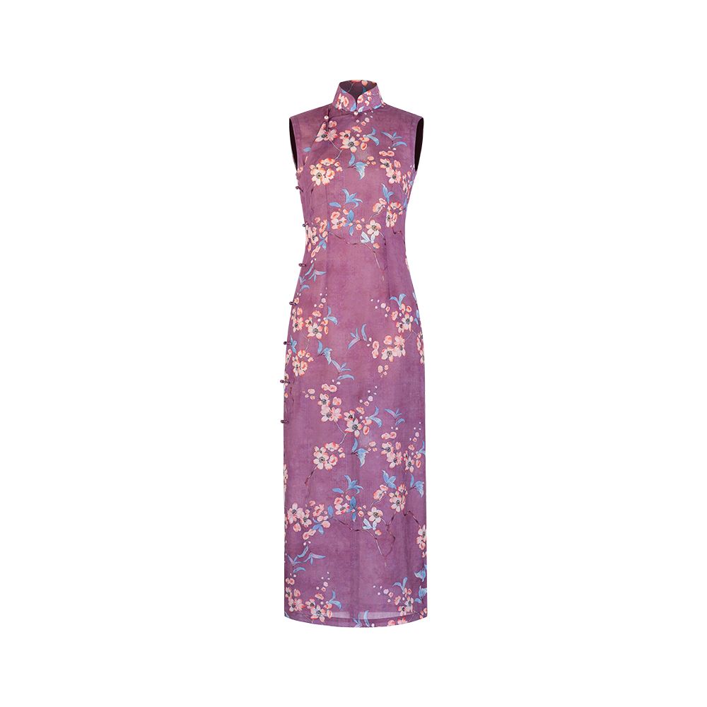 Peach Blossom Blooming One City Style Retro Republic of China Style Printed Stand up Collar Fully Open Collar Pan Button Sleeveless Cheongsam image 12