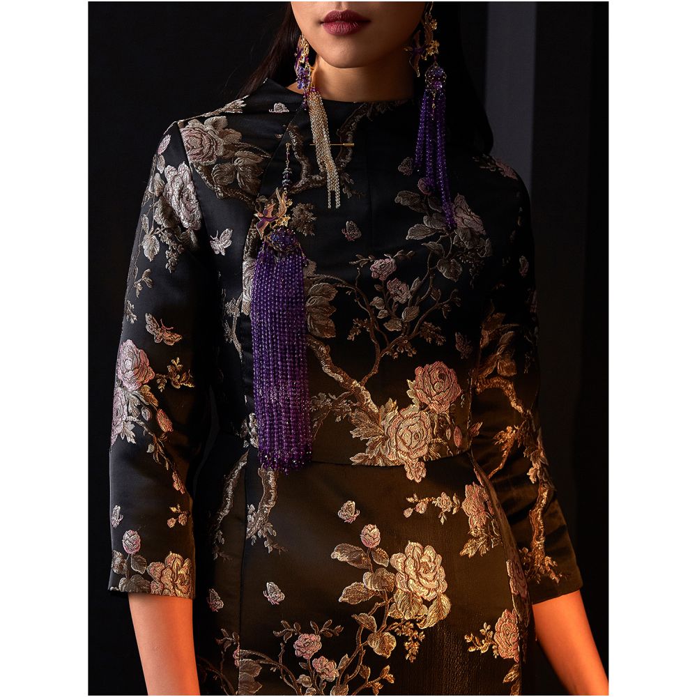 Fulang 2024 Original Niche Designer Women s Fashion Dark Jacquard Satin Slit Modified Long Cheongsam Skirt image 5