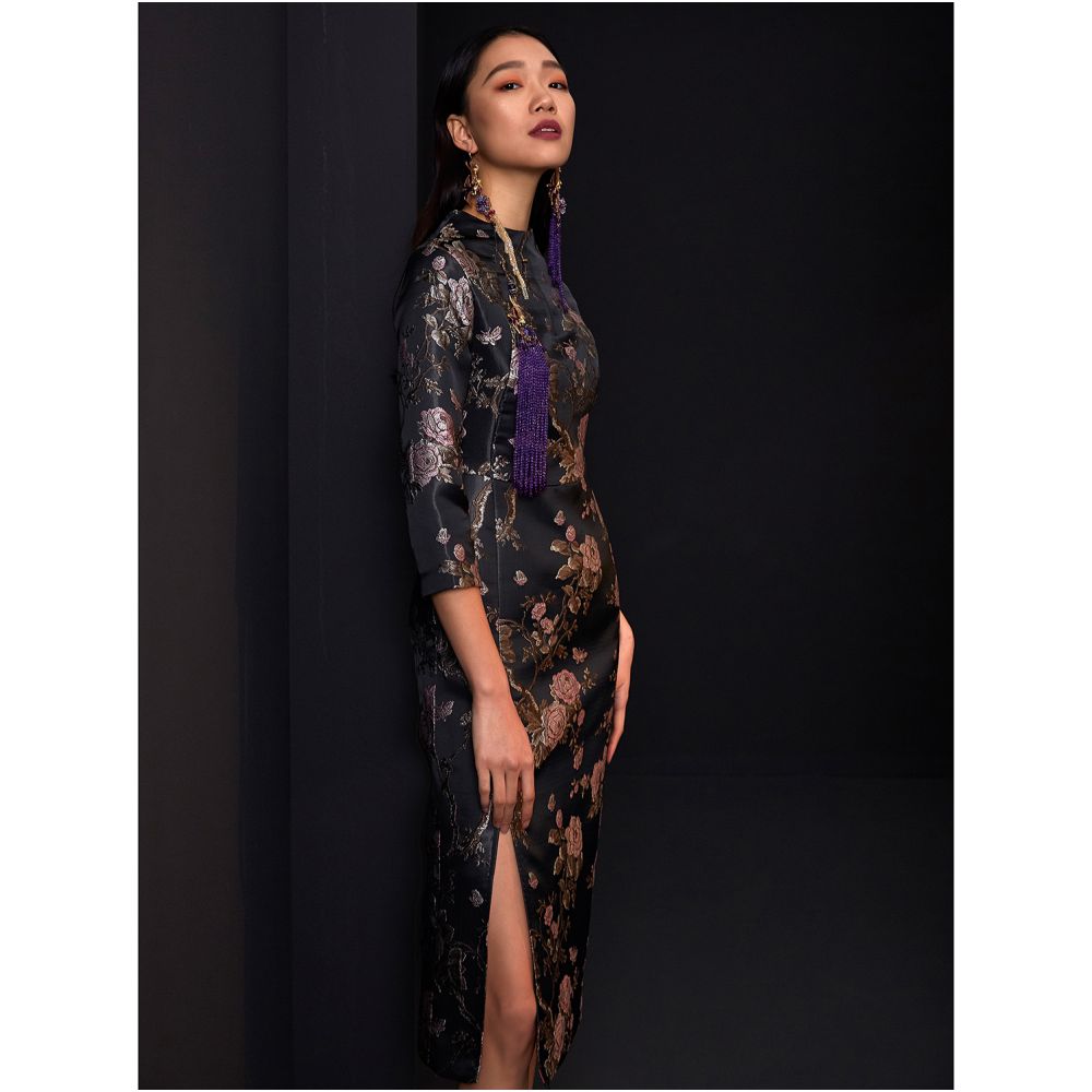 Fulang 2024 Original Niche Designer Women s Fashion Dark Jacquard Satin Slit Modified Long Cheongsam Skirt image 0