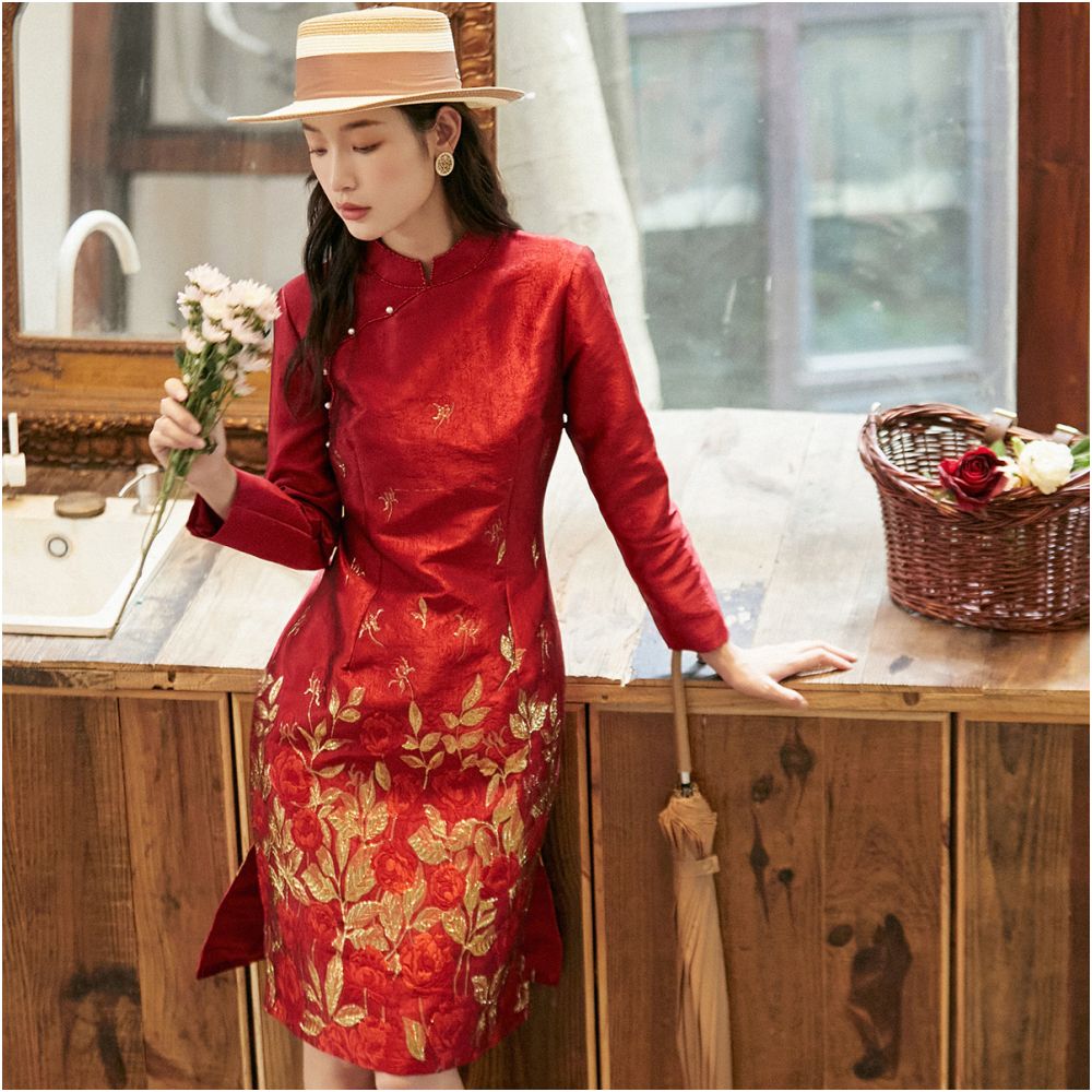 Red Jacquard Heavy duty Long Sleeve Chinese Style Dress 2695 Autumn New Style Light Luxury Gentle Mom Cheongsam Skirt image 15