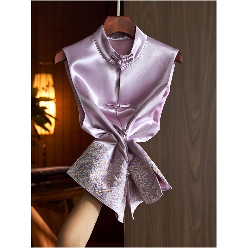 China Chic Style Vinegar Satin Embroidery Vest Women s 2023 Summer New Vintage Disc Button Chinese Jacket Top image 3