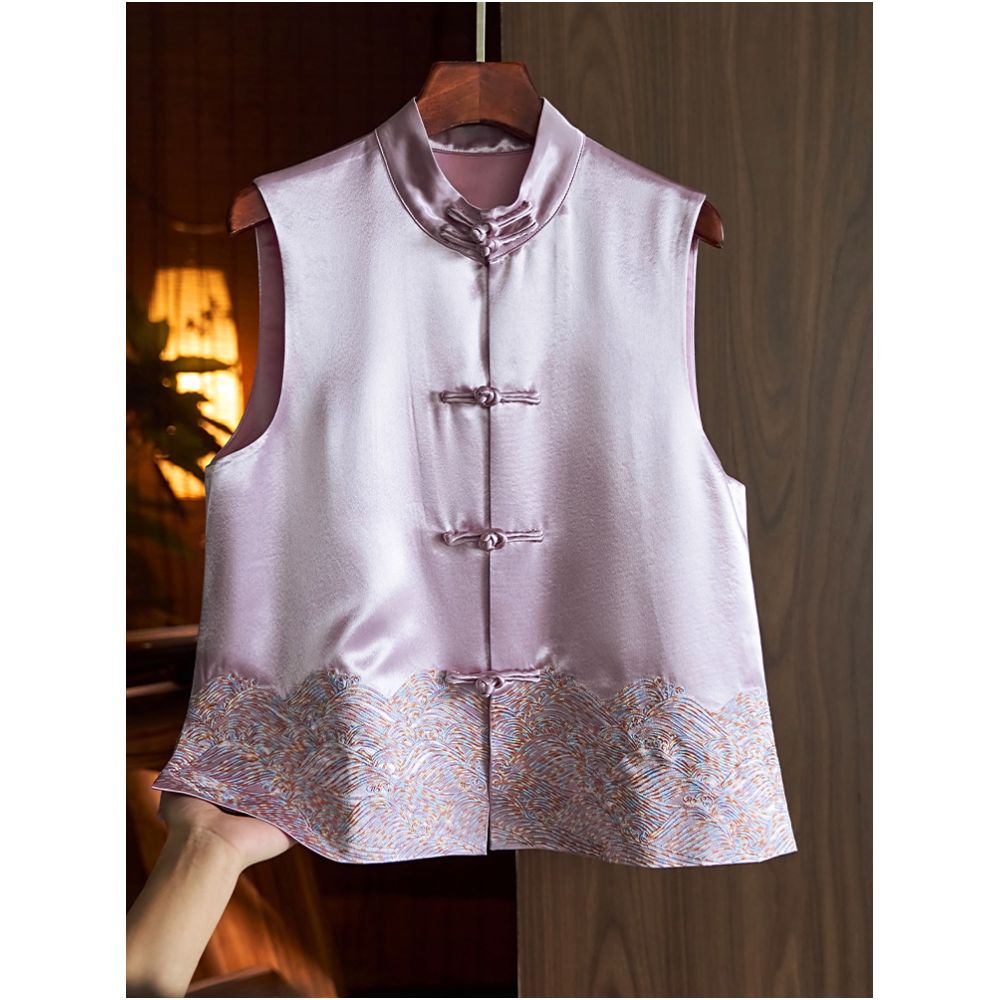 China Chic Style Vinegar Satin Embroidery Vest Women s 2023 Summer New Vintage Disc Button Chinese Jacket Top image 0