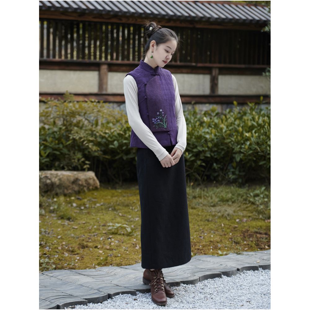 Asaya1531 - Mo on the flower bloom orchid placket [morning rising] silk cloud yarn clip wool sheet hand embroidered short disc vest