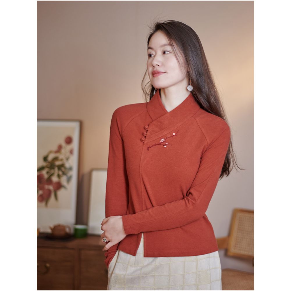 Moshang Flower Blossom Blossom Blossom Fourteen Hanfu National Style China Chic Knitted Cotton Embroidered T shirt Backing Shirt image 0