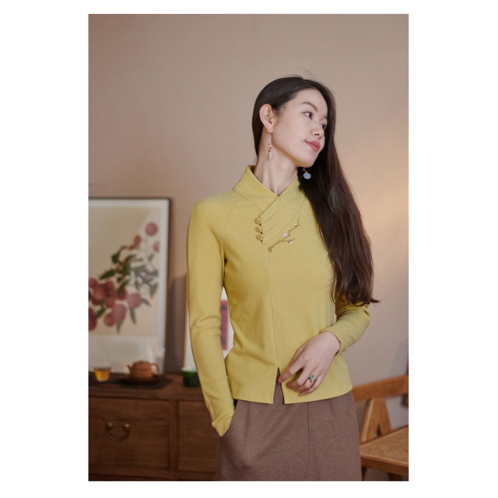 Moshang Flower Blossom Blossom Blossom Fourteen Hanfu National Style China Chic Knitted Cotton Embroidered T shirt Backing Shirt image 16