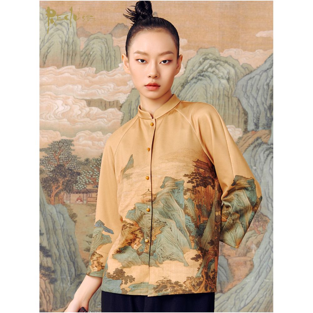RECLUSE Shanyin Qinglv Landscape Knitwear Printed China Chic Coat New Chinese Stand Collar Tang Style Top Women s Wear image 0