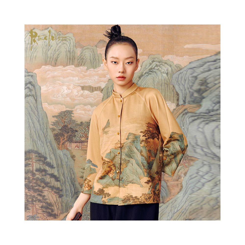 RECLUSE Shanyin Qinglv Landscape Knitwear Printed China Chic Coat New Chinese Stand Collar Tang Style Top Women s Wear image 8