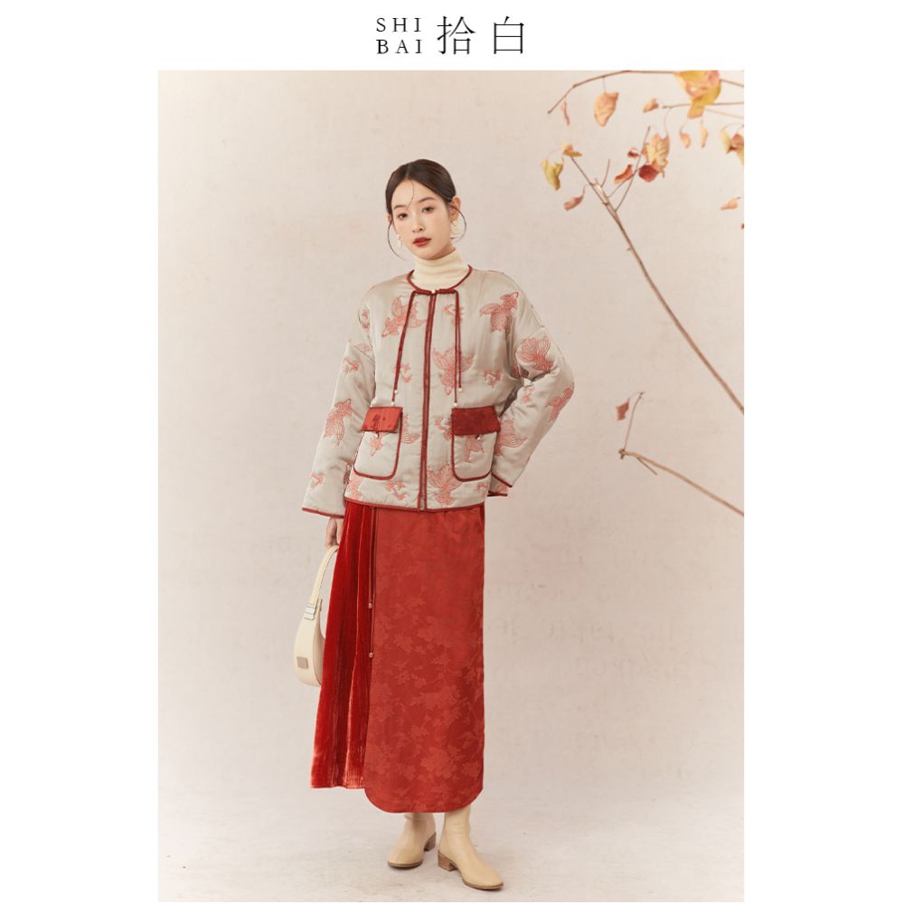 SHIBAI Shibai new Chinese style red national style koi embroidery cotton jacket women 2024 winter short button jacket image 0