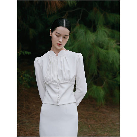 Asaya1503 - Tree ripples retro fashion photography French puff sleeves stand collar pleated white elegant Hepburn style waist suit skirt