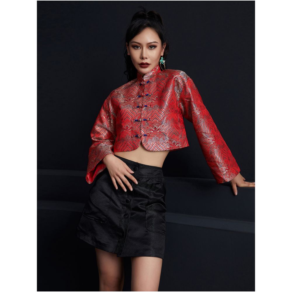 Fulang 2025 Original New Chinese Retro Fashionable Mixed Style Plate Buckle Short Sleeve Jacquard Tang Dress Short Top S image 2