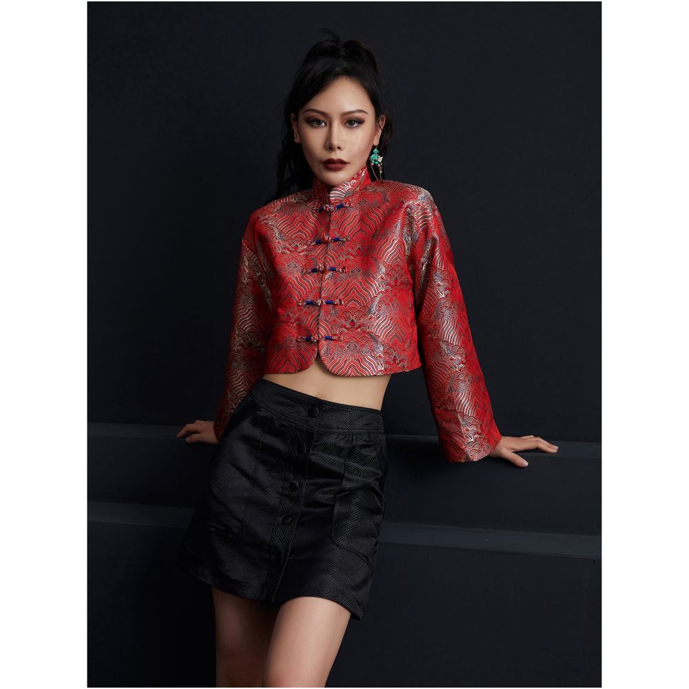 Fulang 2025 Original New Chinese Retro Fashionable Mixed Style Plate Buckle Short Sleeve Jacquard Tang Dress Short Top S image 4