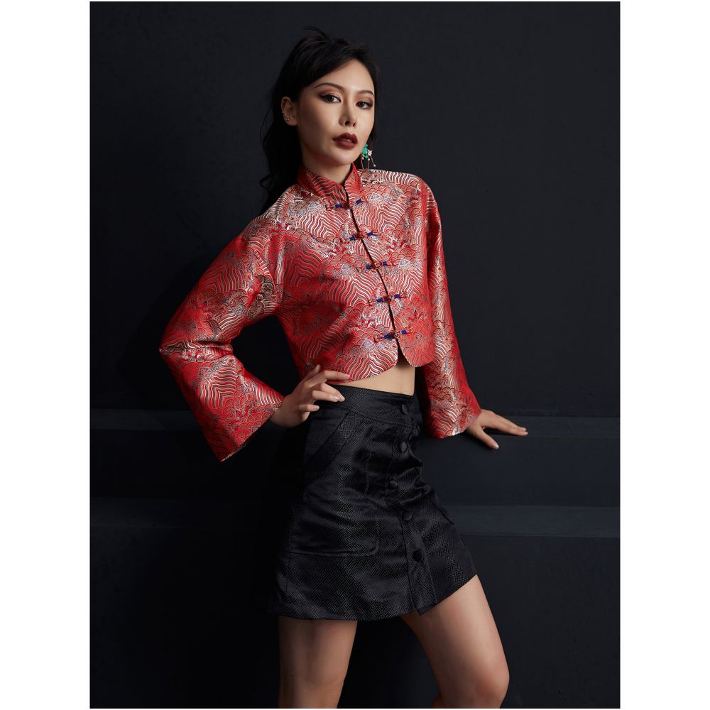 Fulang 2025 Original New Chinese Retro Fashionable Mixed Style Plate Buckle Short Sleeve Jacquard Tang Dress Short Top S image 5