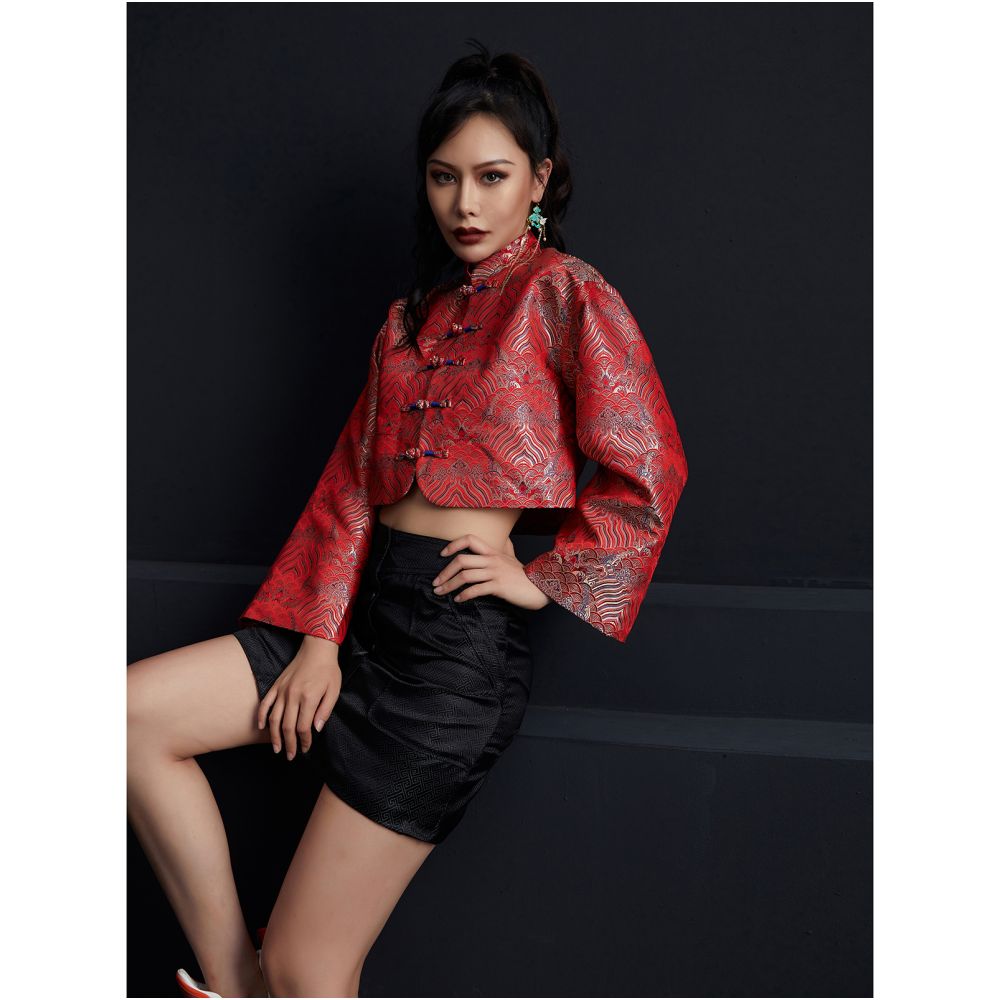 Fulang 2025 Original New Chinese Retro Fashionable Mixed Style Plate Buckle Short Sleeve Jacquard Tang Dress Short Top S image 11