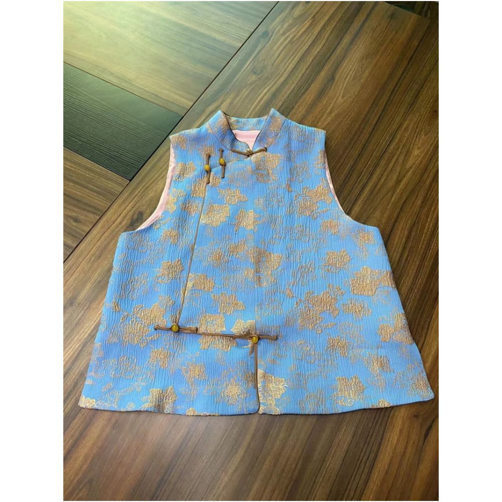 Clear water elegant sloping collar with buckle and standing collar gold wire relief new Chinese ethnic style retro Hanfu vest vest vest vest image 4