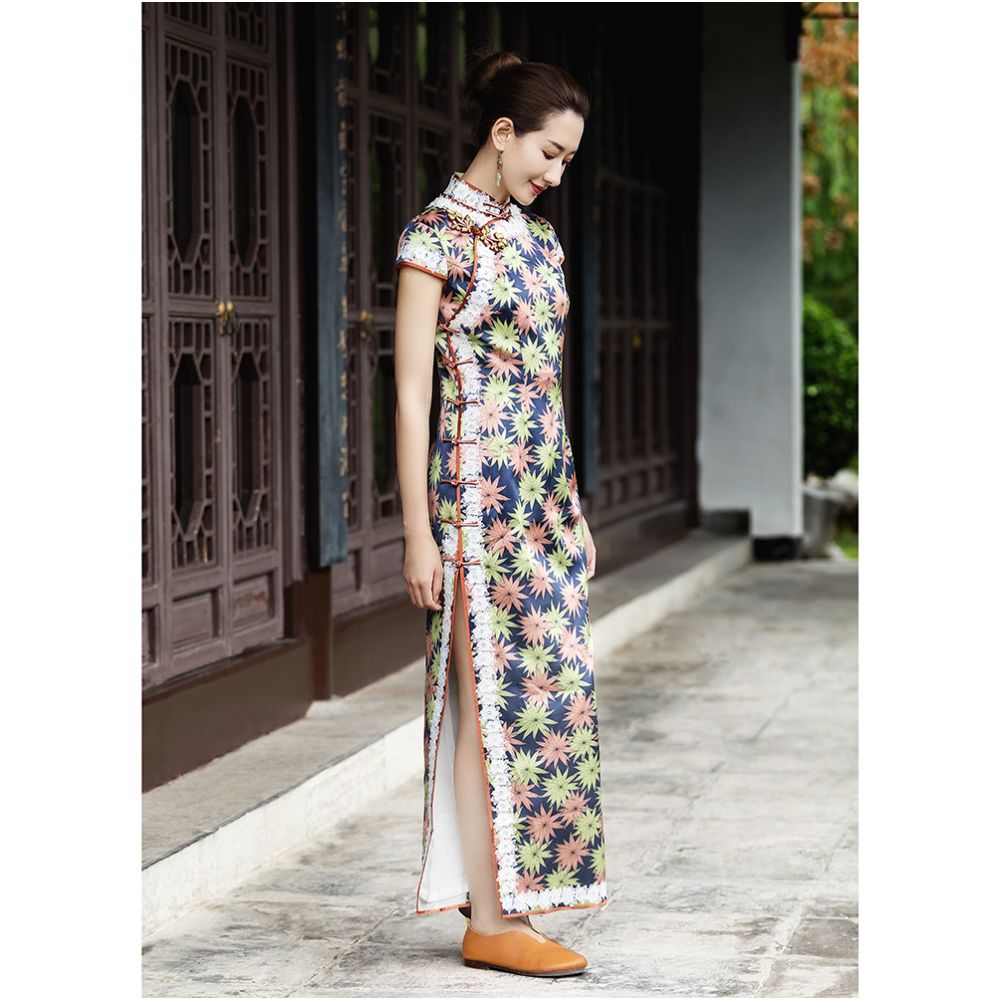 High end heavy duty handmade silk cheongsam young style mulberry silk satin long cheongsam dress image 1
