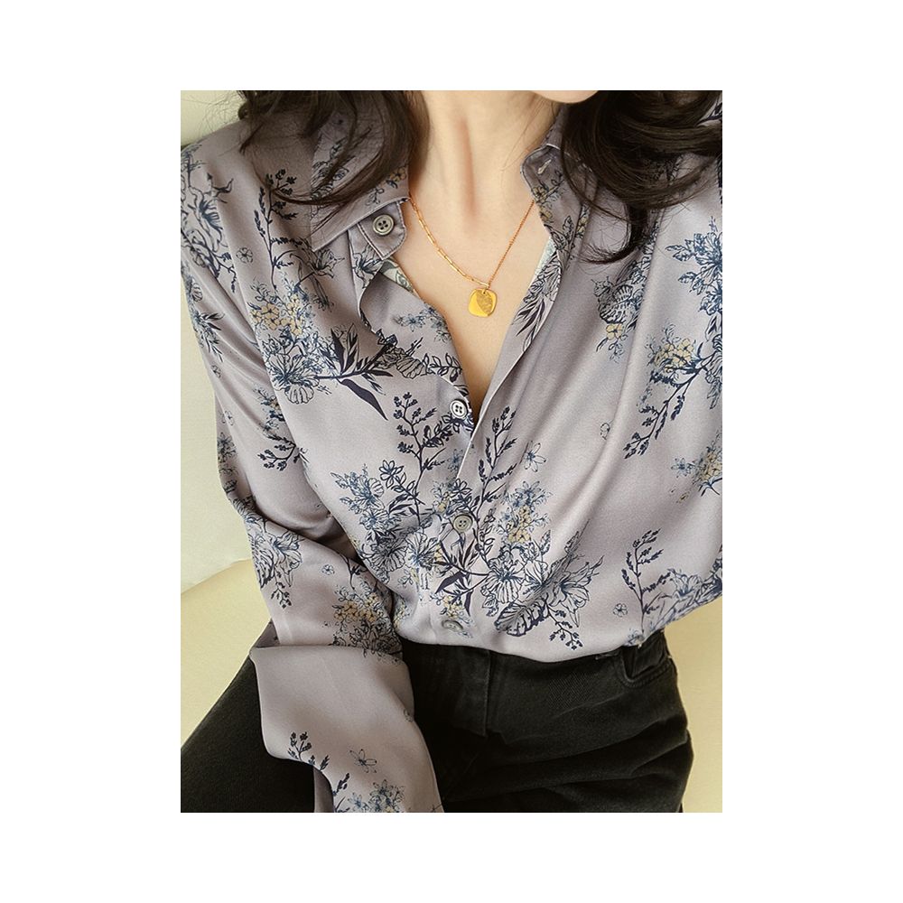 National style cool and high JI feeling grey lilac ink printing silk smooth sand washing elastic satin long sleeved silk shirt image 9