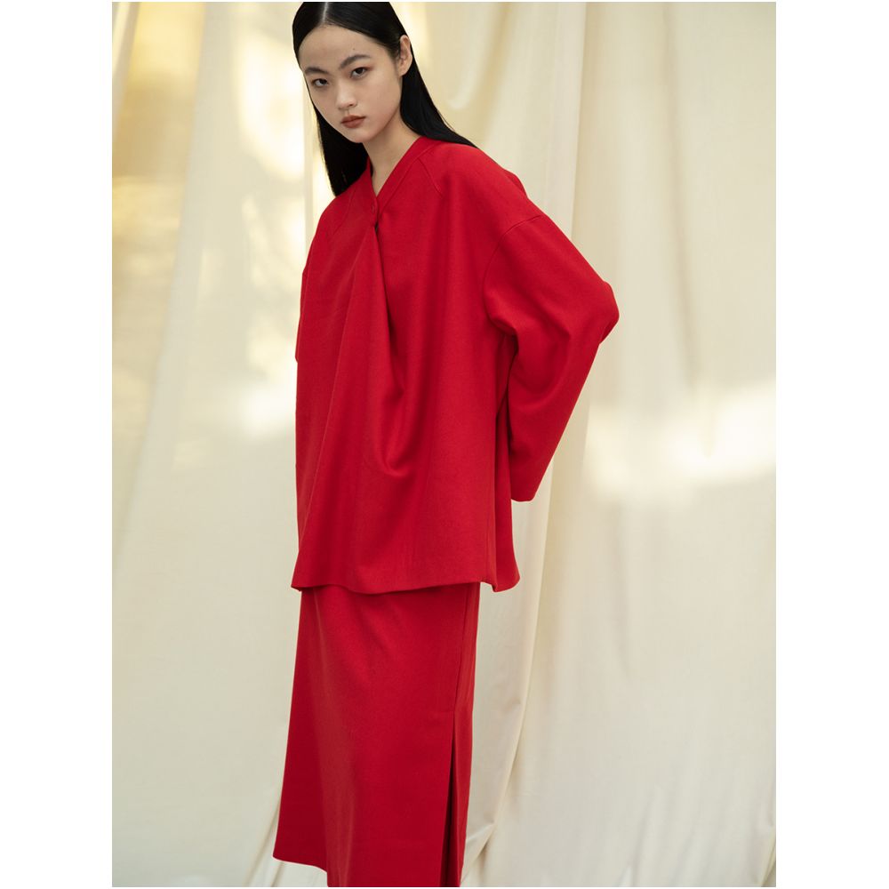 Knitted fabric three dimensional cutting Chinese elements high cold and bright red shirt set image 13