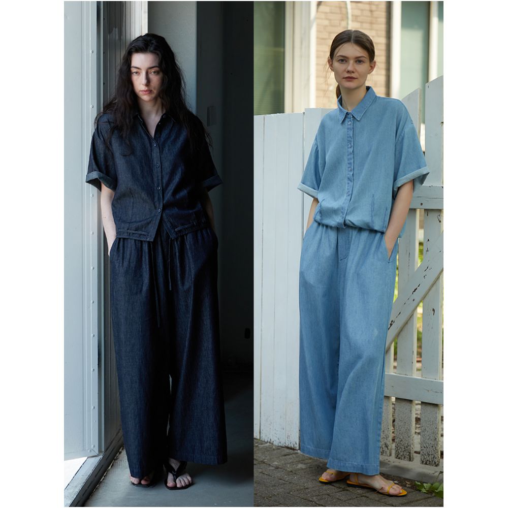 ItoshIroshI deep indigo washed denim cotton thin soft classic lapel short drawstring loose shirt jacket image 0