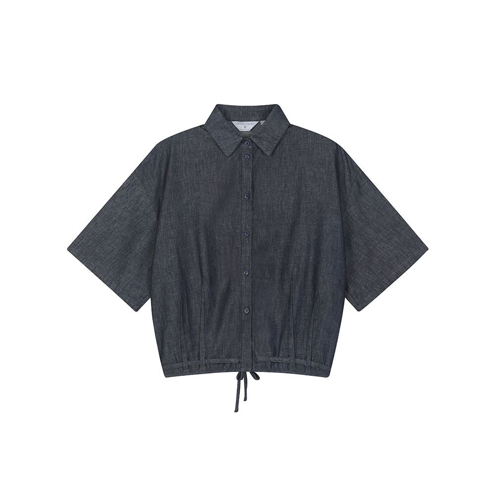ItoshIroshI deep indigo washed denim cotton thin soft classic lapel short drawstring loose shirt jacket image 9
