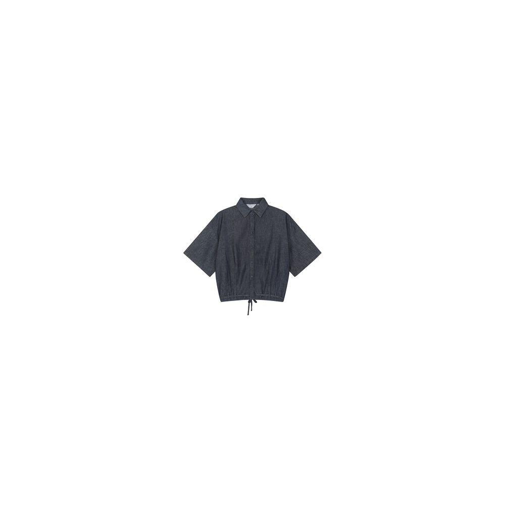 ItoshIroshI deep indigo washed denim cotton thin soft classic lapel short drawstring loose shirt jacket image 12