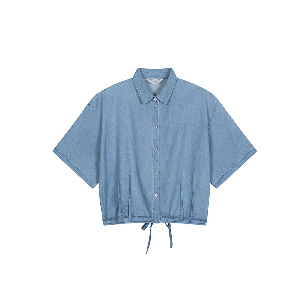 ItoshIroshI deep indigo washed denim cotton thin soft classic lapel short drawstring loose shirt jacket image 21